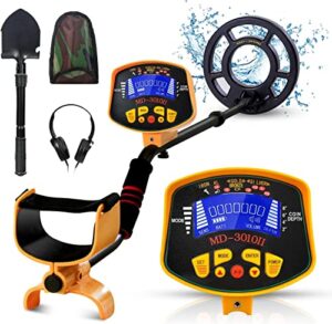 metal detector with shovel for adults, pinpoint gold detector with lcd display, advanced dsp chip, 10” detection depth, 5 search modes, ip68 waterproof for treasure hunting