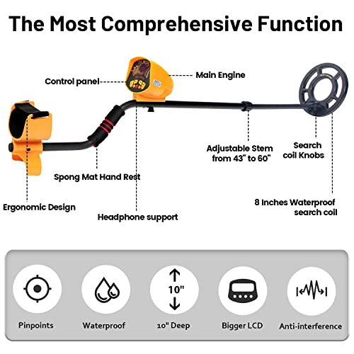 Metal Detector with Shovel for Adults, Pinpoint Gold Detector with LCD Display, Advanced DSP Chip, 10'' Detection Depth, 5 Search Modes, IP68 Waterproof for Treasure Hunting