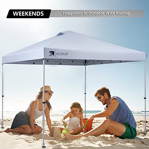 KUZNAP 10’x10’ Pop up Canopy Tent Patented EZ Set-up Canopy Instant Outdoor Canopy with Wheeled Carry Bag Bonus 4 Weight Sandbags, 8 Stakes and 4 Guyline Ropes, White