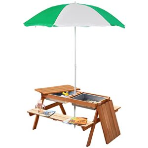 outsunny kids picnic table with umbrella and storage inside, sand and water table, kids outdoor furniture, wooden bench backyard furniture for garden, patio, or balcony