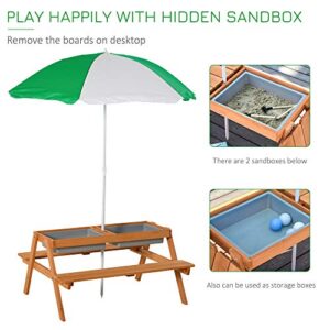 Outsunny Kids Picnic Table with Umbrella and Storage Inside, Sand and Water Table, Kids Outdoor Furniture, Wooden Bench Backyard Furniture for Garden, Patio, or Balcony