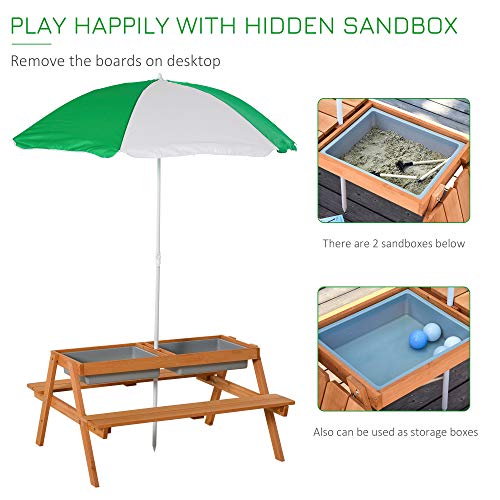 Outsunny Kids Picnic Table with Umbrella and Storage Inside, Sand and Water Table, Kids Outdoor Furniture, Wooden Bench Backyard Furniture for Garden, Patio, or Balcony