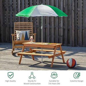 Outsunny Kids Picnic Table with Umbrella and Storage Inside, Sand and Water Table, Kids Outdoor Furniture, Wooden Bench Backyard Furniture for Garden, Patio, or Balcony