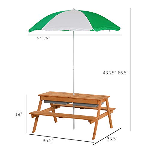 Outsunny Kids Picnic Table with Umbrella and Storage Inside, Sand and Water Table, Kids Outdoor Furniture, Wooden Bench Backyard Furniture for Garden, Patio, or Balcony