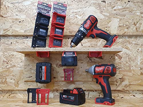 StealthMounts Milwaukee Battery Holders M18 | Milwaukee M18 Battery Mounts for Milwaukee Power Tools | 6 Pack | Red Milwaukee M18 Battery Organizers