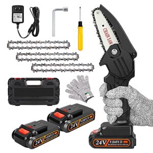 mini chainsaw cordless upgrade with 3 chain 24v strong power 2 batteries and charger, oneleaf portable handheld battery chainsaw, small one-handed for gardening pruning, tree trimming