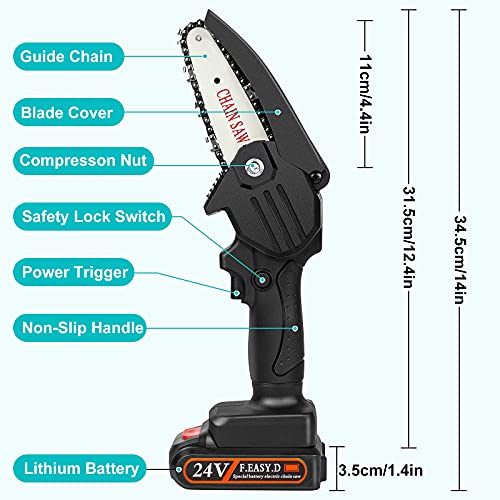 Mini Chainsaw Cordless Upgrade with 3 Chain 24V Strong Power 2 Batteries and Charger, OneLeaf Portable Handheld Battery Chainsaw, Small One-Handed for Gardening Pruning, Tree Trimming