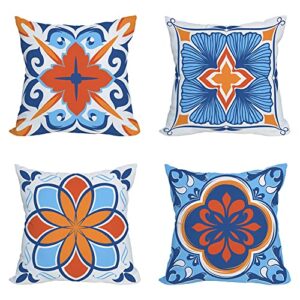 qinqingo outdoor waterproof throw pillow covers 24×24 inch floral and boho style decorative pillow covers modern geometric pillowcase for patio funiture garden set of 4, blue and orange
