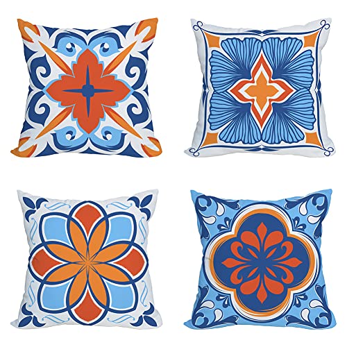 Qinqingo Outdoor Waterproof Throw Pillow Covers 24x24 inch Floral and Boho Style Decorative Pillow Covers Modern Geometric Pillowcase for Patio Funiture Garden Set of 4, Blue and Orange