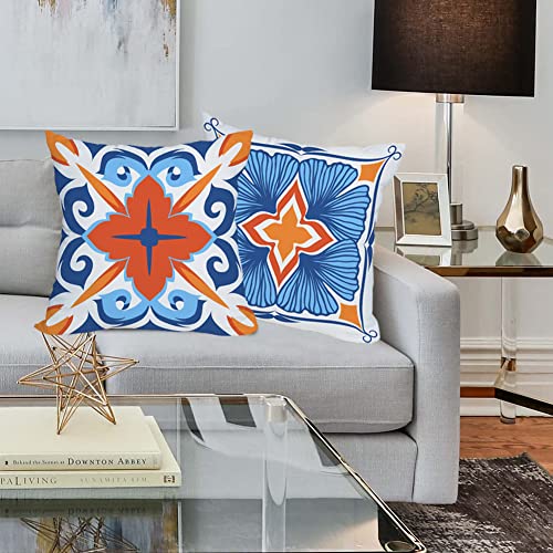 Qinqingo Outdoor Waterproof Throw Pillow Covers 24x24 inch Floral and Boho Style Decorative Pillow Covers Modern Geometric Pillowcase for Patio Funiture Garden Set of 4, Blue and Orange