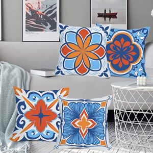 Qinqingo Outdoor Waterproof Throw Pillow Covers 24x24 inch Floral and Boho Style Decorative Pillow Covers Modern Geometric Pillowcase for Patio Funiture Garden Set of 4, Blue and Orange