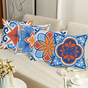 Qinqingo Outdoor Waterproof Throw Pillow Covers 24x24 inch Floral and Boho Style Decorative Pillow Covers Modern Geometric Pillowcase for Patio Funiture Garden Set of 4, Blue and Orange