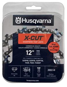 husqvarna x-cut s93g 12 inch chainsaw chain, 3/8″ mini pitch, .050″ gauge, 45 drive link chainsaw blade replacement, pre-stretched and low kickback, gray