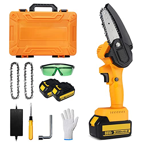 Mini Chainsaw, 24V Powerful Electric Chainsaw for Gardening Pruning Tree Trimming Wood Cutting Cordless Handheld Portable 4 Inch Chain Saw(2 Batteries 2 Chains Included)