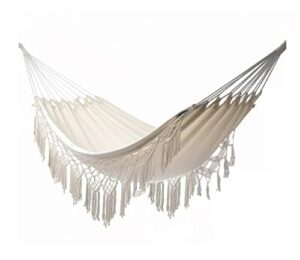 handmade boho large brazilian fringed macramé double deluxe hammock swing bed with carry bag for bedroom,yard,beach,patio,indoor,outdoor & wedding party decor, 95″ lx 62″ w (white)