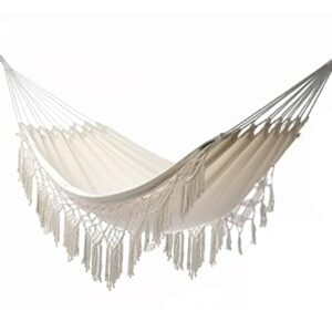 Handmade Boho Large Brazilian Fringed Macramé Double Deluxe Hammock Swing Bed with Carry Bag for Bedroom,Yard,Beach,Patio,Indoor,Outdoor & Wedding Party Decor, 95" Lx 62" W (White)