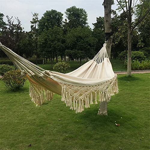 Handmade Boho Large Brazilian Fringed Macramé Double Deluxe Hammock Swing Bed with Carry Bag for Bedroom,Yard,Beach,Patio,Indoor,Outdoor & Wedding Party Decor, 95" Lx 62" W (White)