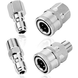 2 sets npt 1/4 inch pressure washer coupler quick connect plug stainless steel male and female quick connect fittings pressure washer adapter set (internal thread, external thread) (1/4 inch)
