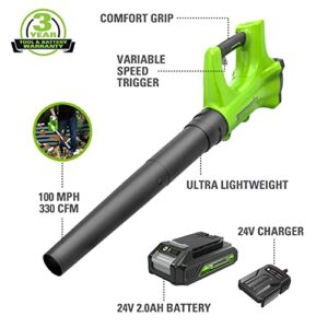 Greenworks 24V Axial Leaf Blower (100 MPH / 330 CFM), 2Ah Battery and Charger Included