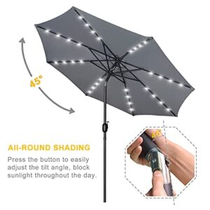 JMEXSUSS 9ft Patio Umbrella with Solar Lights, 32 LED Lighted Umbrella Outdoor Patio Table Umbrella, 8 Ribs Market Umbrella w/Tilt Adjustment and UV-Resistant Fabric, Grey