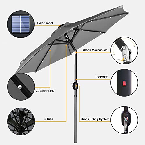 JMEXSUSS 9ft Patio Umbrella with Solar Lights, 32 LED Lighted Umbrella Outdoor Patio Table Umbrella, 8 Ribs Market Umbrella w/Tilt Adjustment and UV-Resistant Fabric, Grey