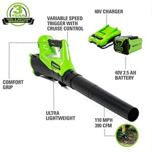 Greenworks 40V (110 MPH / 390 CFM) Cordless Axial Blower, 2.5Ah Battery and Charger Included