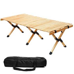 zuzhii 3ft low height portable folding wooden travel camping table for outdoor/indoor picnic, bbq and hiking with carry bag, multi-purpose for patio, garden, backyard, beach(large, natural wood)