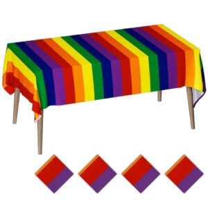dylives 4 pack rainbow tablecloth, carnival pride tablecloth disposable plastic rectangle rainbow tablecover for holiday pride party anniversary birthday party decoration supplies, 54 x 108 inch