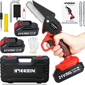 Mini Chainsaw 4-Inch with 2 Battery, Cordless Saw with 2 Chains Security Lock, Hand Held Small Rechargeable Chainsaw for Wood Cutting Tree Trimming Red with Box