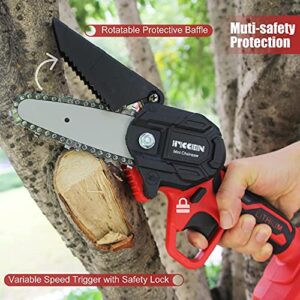 Mini Chainsaw 4-Inch with 2 Battery, Cordless Saw with 2 Chains Security Lock, Hand Held Small Rechargeable Chainsaw for Wood Cutting Tree Trimming Red with Box