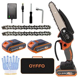 mini chainsaw 6 inch cordless kit 2023, oyffo handheld chainsaw battery powered, cordless mini chainsaw with 2 batteries and charger, small power chain saw for tree trimming & wood cutting