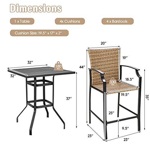 Tangkula 5 Pieces Outdoor Patio Bar Set, Rattan Bistro Set W/ 4 Wicker Bar Stools & 1 Bar Table, Heavy-Duty Steel Frame, Soft Cushions, Patio Conversation Set for Courtyard, Poolside, Garden (Beige)