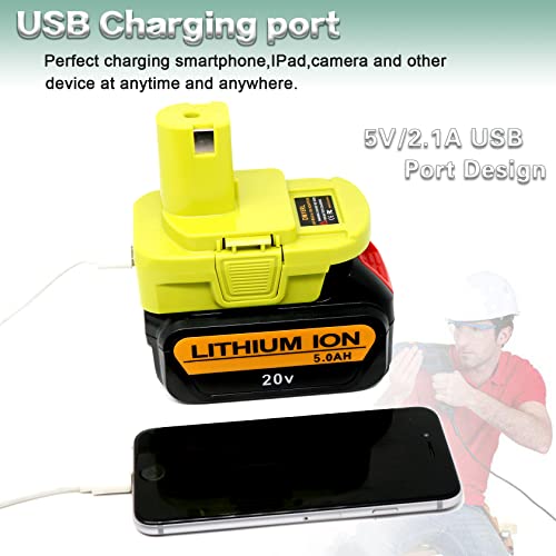 DM18RL Battery Adapter for Dewalt to Ryobi Battery Adapter, Convert Dewalt 20V Llithium Battery to Ryobi 18V P107 P108 Battery with 5V 2.1A MAX USB Charge