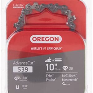 Oregon S39 AdvanceCut Replacement Chainsaw and Pole Saw Chain for 10-Inch Guide Bars, 39 Drive Links, Pitch: 3/8" Low Vibration, .050" Gauge, Fits Atlas, Makita, Poulan, and More,Gray