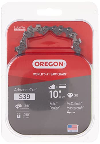 Oregon S39 AdvanceCut Replacement Chainsaw and Pole Saw Chain for 10-Inch Guide Bars, 39 Drive Links, Pitch: 3/8" Low Vibration, .050" Gauge, Fits Atlas, Makita, Poulan, and More,Gray