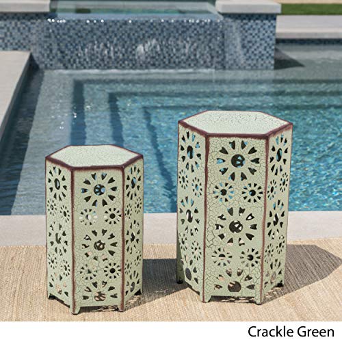 GDFStudio Elliot Outdoor 12 Inch and 14 Inch Sunburst Iron Side Table Set (Crackle Green)