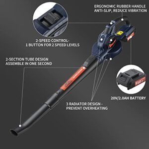 DEXTRA Leaf Blower, 20V Cordless Leaf Blower with 2.0 Ah Battery & Charger, Electric Leaf Blower for Lawn Care, Battery Powered Leaf Blower Sweeper Light Duty for Dust, Snow, Yard, 135MPH Output