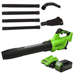 greenworks 40v (550 cfm / 130 mph) brushless axial leaf blower 4ah usb battery and charger with gutter cleaning kit