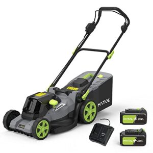 mytol 40v(20v x2) cordless lawn mower, 16” lawn mower with 4.0ah batteries and charger, brushless motor, 6 mowing heights & 11.9 gal grass box, lightweight electric lawn mower for garden and yard