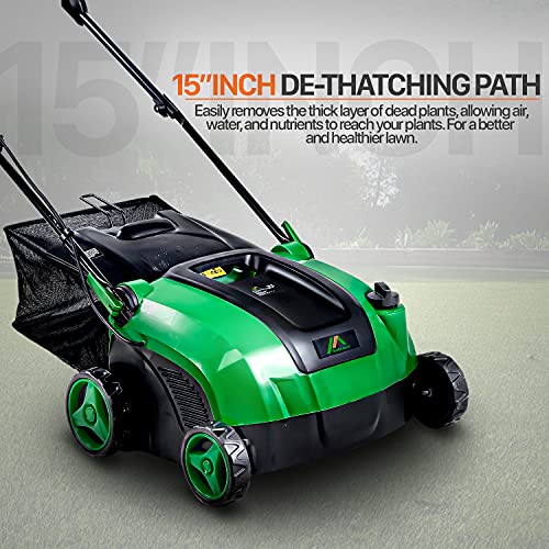 ApolloSmart 2 in 1 Walk Behind Scarifier, Lawn Dethatcher Raker Corded Electric 120V 12-Amp 15-Inch Rake Path with Collection Bag for Yard, Lawn, Garden Care, Landscaping