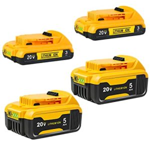 5.0Ah&3.0Ah 4-Pack Battery Set Replacement for Dewalt 20V Battery DCB203,DCB203-2,DCB205,DCB206,DCB200,DCB201,DCB180,DCB181,DCB182, Compatible with Dewalt 20V Tools, for DCD, DCF, DCG and DCS Series