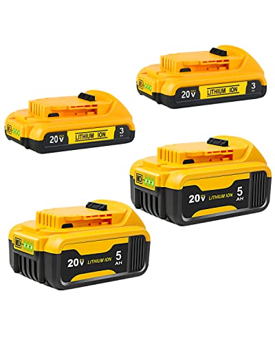 5.0Ah&3.0Ah 4-Pack Battery Set Replacement for Dewalt 20V Battery DCB203,DCB203-2,DCB205,DCB206,DCB200,DCB201,DCB180,DCB181,DCB182, Compatible with Dewalt 20V Tools, for DCD, DCF, DCG and DCS Series