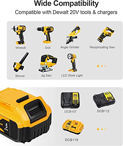 5.0Ah&3.0Ah 4-Pack Battery Set Replacement for Dewalt 20V Battery DCB203,DCB203-2,DCB205,DCB206,DCB200,DCB201,DCB180,DCB181,DCB182, Compatible with Dewalt 20V Tools, for DCD, DCF, DCG and DCS Series