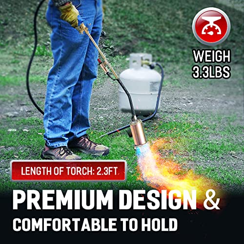 Propane Torch Weed, Seesii 500,000BTU Heavy Duty Burner Torch with 2 Electronic Igniters, Weed Burner with Control Valve and 9.8FT Hose for Garden Roofing BBQ lighter Snow Melting, Wrenches and Gloves