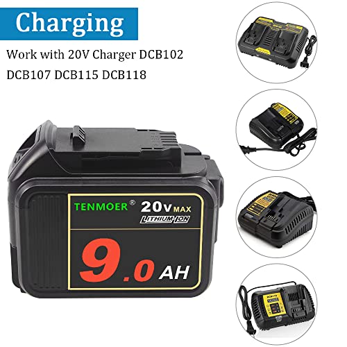 2 Pack TENMOER DCB200 20V 9.0Ah Replacement Battery Compatible with Dewalt 20V Cordless Tools with Digital Indicator