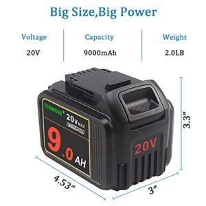 2 Pack TENMOER DCB200 20V 9.0Ah Replacement Battery Compatible with Dewalt 20V Cordless Tools with Digital Indicator