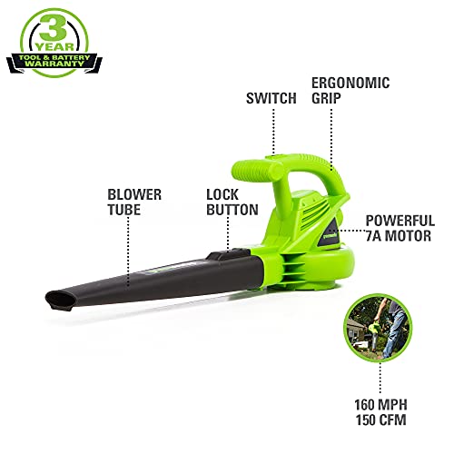 Greenworks 7 Amp 160 MPH/150 CFM Single Speed Electric Blower, 24012