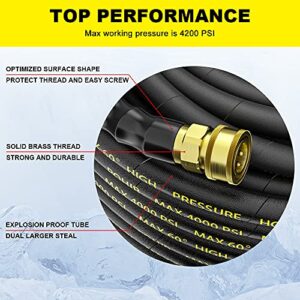 POHIR Pressure Washer Hose 50 ft with 3/8 Inch Quick Connect, Kink Resistant High Tensile Wire Braided,with 2 pcs M22 14mm Adapter Set, 4200 PSI Power Washer Hose