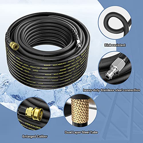 POHIR Pressure Washer Hose 50 ft with 3/8 Inch Quick Connect, Kink Resistant High Tensile Wire Braided,with 2 pcs M22 14mm Adapter Set, 4200 PSI Power Washer Hose