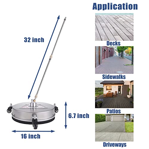 RIDGE WASHER 16 Inch Pressure Washer Surface Cleaner with Wheels, Stainless Steel Power Washer Accessory with 2 Extension Wands Attachment, 2 Replacement Nozzles, 4000 PSI